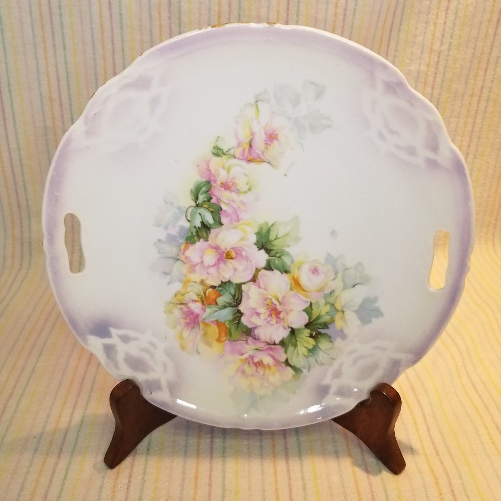 Antique Roses Cake Plate Unmarked Lavender White Pastel Springtime Floral